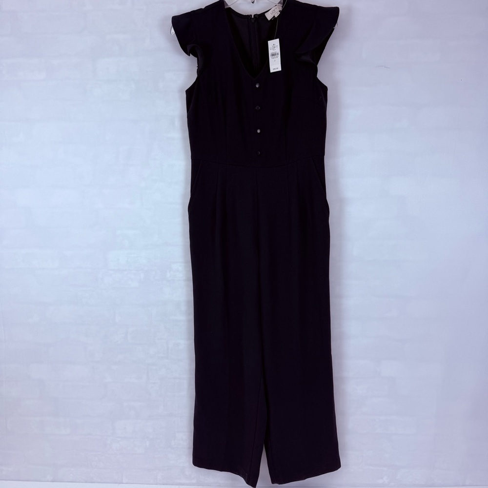 Loft Outlet Navy Blue Ruffle Sleeve Button Front‎ Wide Leg Jumpsuit Size 2 NWT